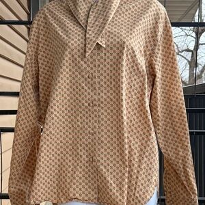 L.L. Bean Tan Button-Front Blouse with Red Floral Motif
